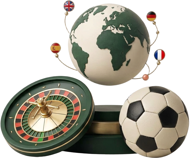 Globe with European country flags, a casino roulette wheel and a football on a green and gold podium